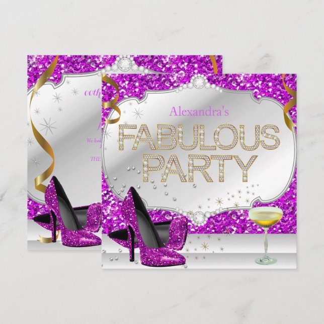 Invitación Fabulosa fiesta de cumpleaños del Purpurina Pink P (Anverso / Reverso)