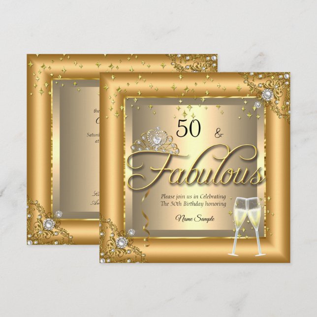 Invitación Fabulosa Fiesta de Cumpleaños Gold Champagne (Anverso / Reverso)