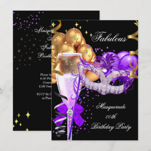 Invitación Fabulosa Fiesta de Máscaras de Oro y Morado Negro