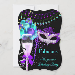 Invitación Fabulosa Fiesta de Máscaras Morado Turquesa y Negr