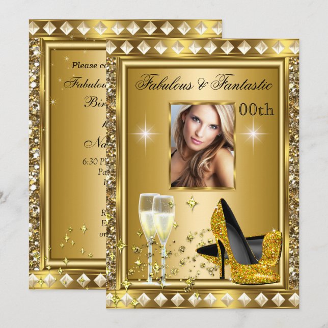 Invitación Fabulosa foto oro Glitz Glam Hollywood cumpleaños (Anverso / Reverso)
