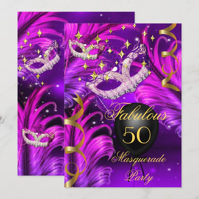 Invitación Fabulosa máscara de la mascarada púrpura rosa de c (Anverso / Reverso)