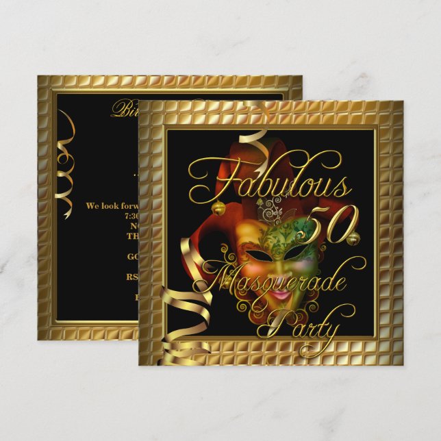 Invitación Fabulosa Mascarada Fiesta de cumpleaños negro de o (Anverso / Reverso)