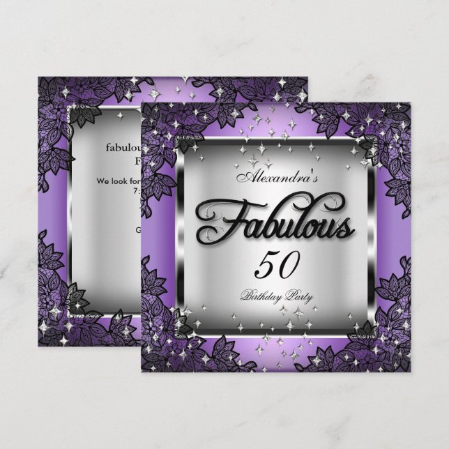 Invitación Fabulosas 50 Fiestas Estrellas de Plata Púrpura La (Anverso / Reverso)
