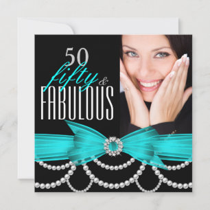 Invitación Fabulosas 50 Perlas Azul Teal Foto Fiesta de Cumpl