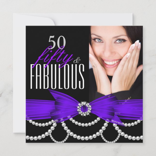 Invitación Fabulosas 50 Perlas Purpúreas Fiesta de Cumpleaños (Anverso)