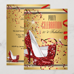 Invitación Fabulosas 50 Tacones Rojos Oro Fiesta de Cumpleaño