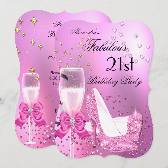 Invitación Fabuloso 21ª Shimmer Light Talones Rosados Cumplea (Anverso / Reverso)