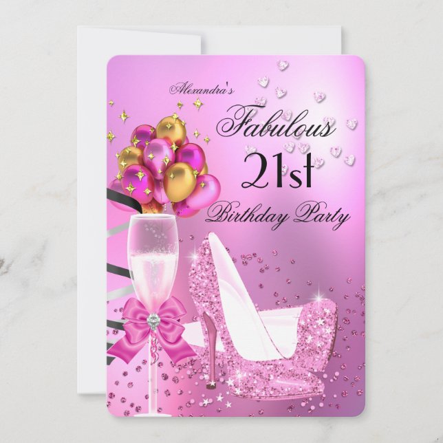 Invitación Fabuloso 21ª Shimmer Light Talones Rosados Cumplea (Anverso)
