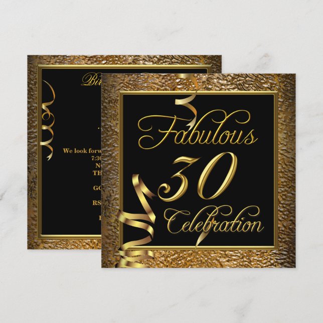 Invitación Fabuloso 30 Celebration Gold Black Birthday Party (Anverso / Reverso)
