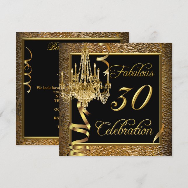 Invitación Fabuloso 30 Celebration Gold Black Chandelier (Anverso / Reverso)