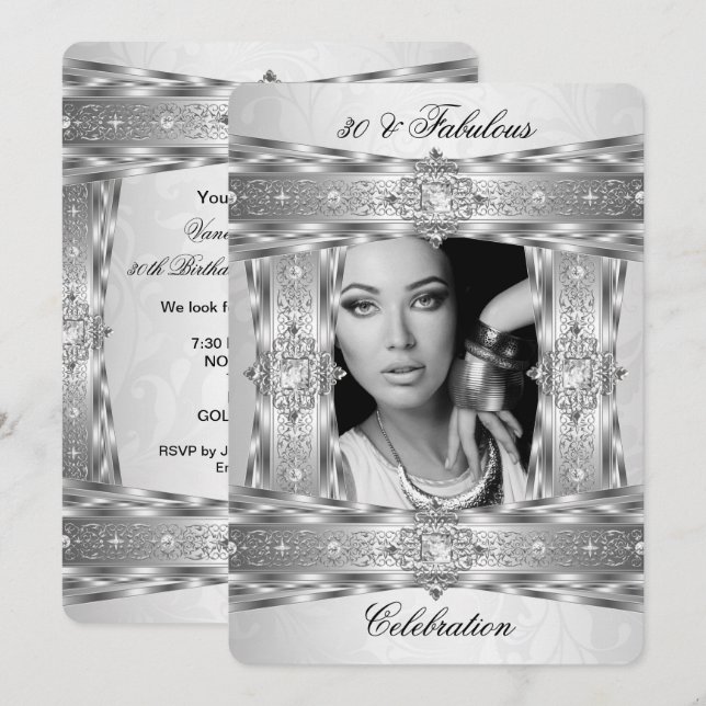 Invitación Fabuloso 30 Elegante Gema De Diamantes Plata Foto  (Anverso / Reverso)