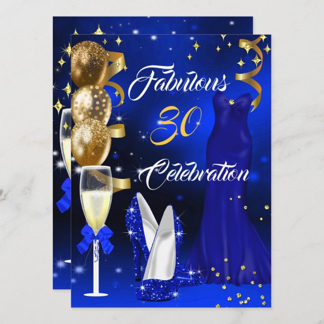 Invitación Fabuloso 30 Fiesta de Champagne Royal Blue Heels G (Anverso / Reverso)