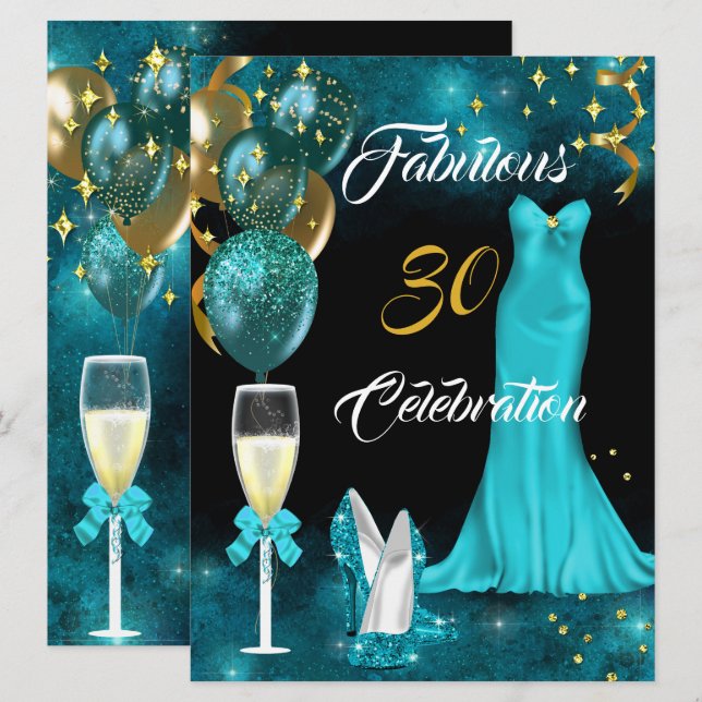 Invitación Fabuloso 30 Fiesta de champán Verde azulado Blue H (Anverso / Reverso)