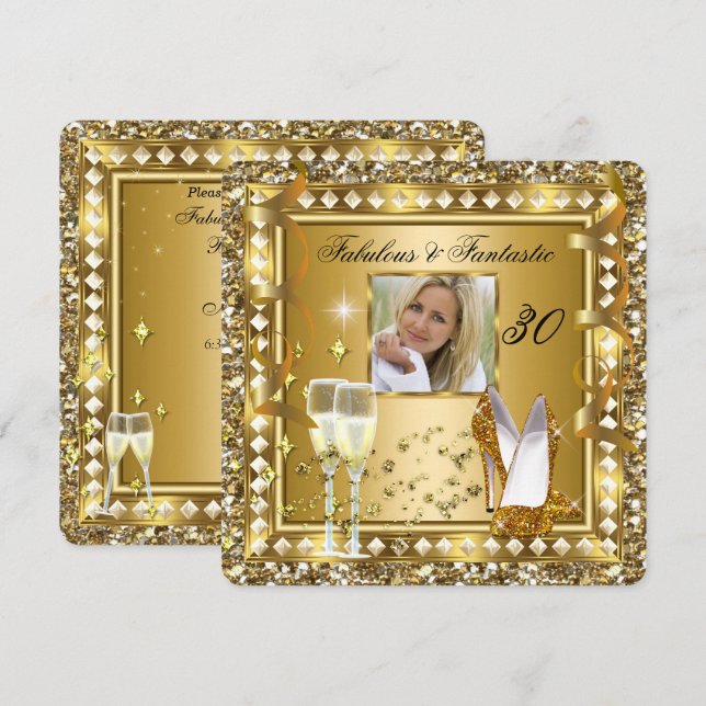 Invitación Fabuloso 30 Photo Gold Glam Hollywood Cumpleaños (Anverso / Reverso)