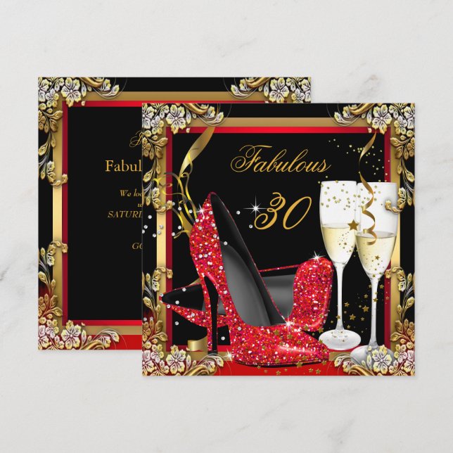 Invitación Fabuloso 30 Red Heels Gold Black Champagne Fiesta (Anverso / Reverso)