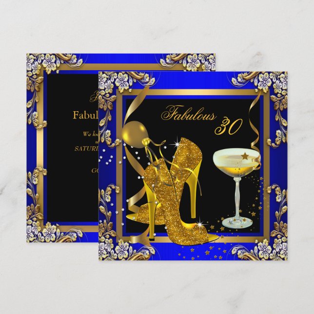 Invitación Fabuloso 30 Royal Blue Gold Birthday Party (Anverso / Reverso)