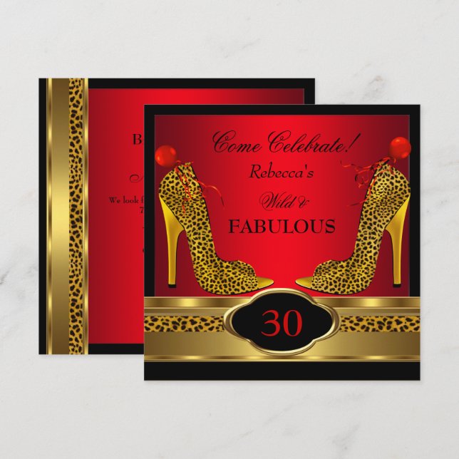 Invitación Fabuloso 30 Talones Altos de Leopardo Rojo Chetah (Anverso / Reverso)