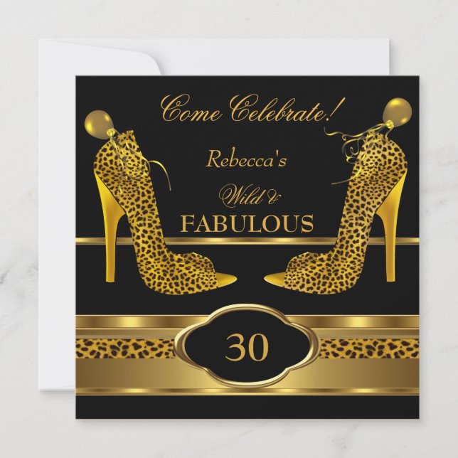 Invitación Fabuloso 30 Talones Altos de Oro Leopardo Salvaje  (Anverso)