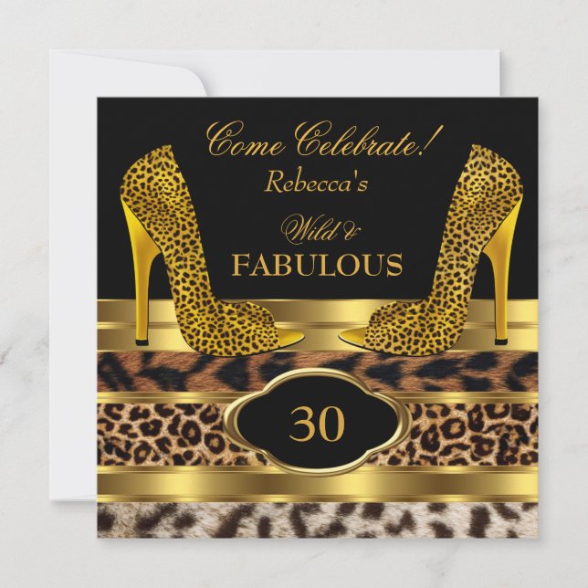 Invitación Fabuloso 30 Talones Altos de Oro Leopardo Salvaje  (Anverso)