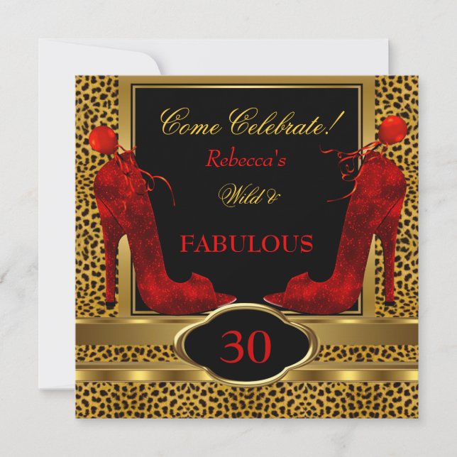 Invitación Fabuloso 30 Talones de Chita Rojo Leopardo Salvaje (Anverso)