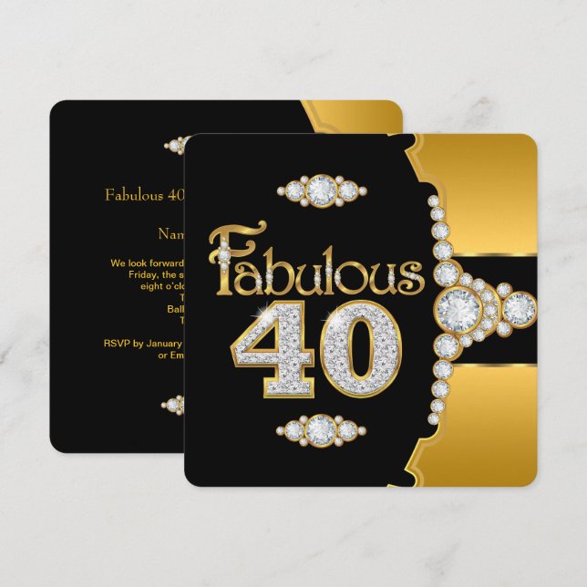 Invitación Fabuloso 40 40º cumpleaños oro diamante negro (Anverso / Reverso)