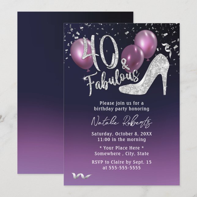 Invitación Fabuloso 40 Chica Púrpura Profundo 40 cumpleaños (Anverso / Reverso)