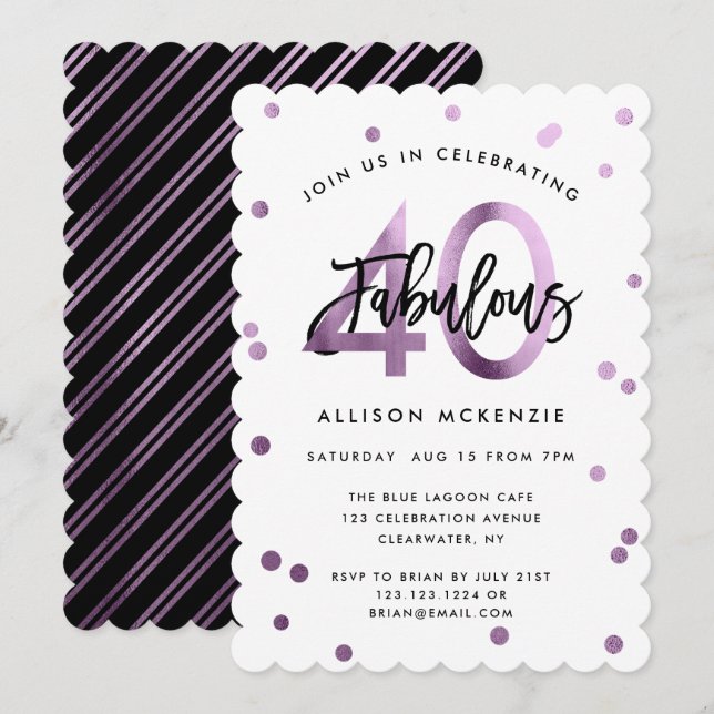 Invitación Fabuloso 40 | Cumpleaños Lilac Púrpura Moderno (Anverso / Reverso)