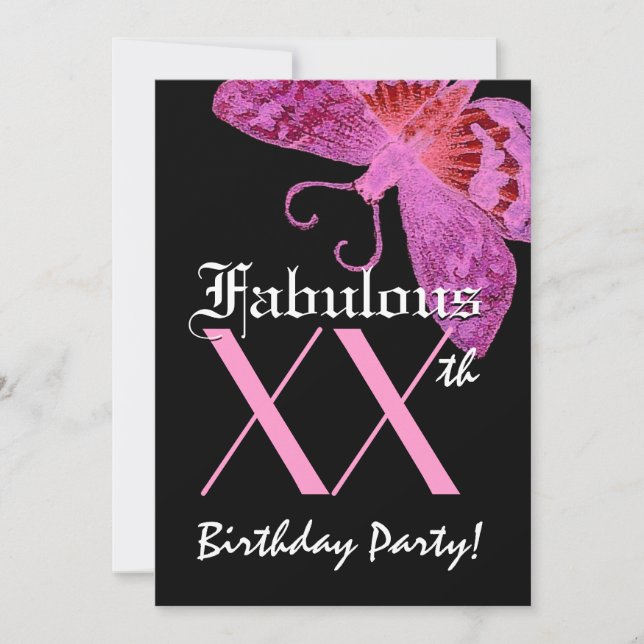 Invitación Fabuloso 40 cumpleaños mariposa Fuschia W1800 (Anverso)