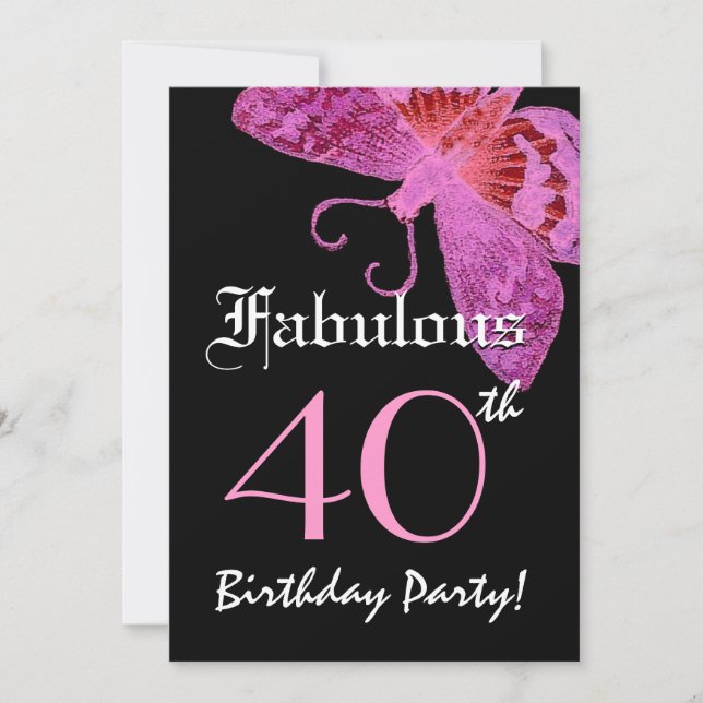 Invitación Fabuloso 40 cumpleaños mariposa Fuschia W1800 (Anverso)