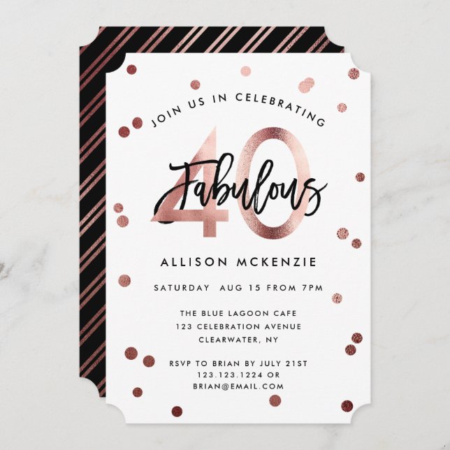 Invitación Fabuloso 40 | Cumpleaños moderno con Rosa de oro (Anverso / Reverso)