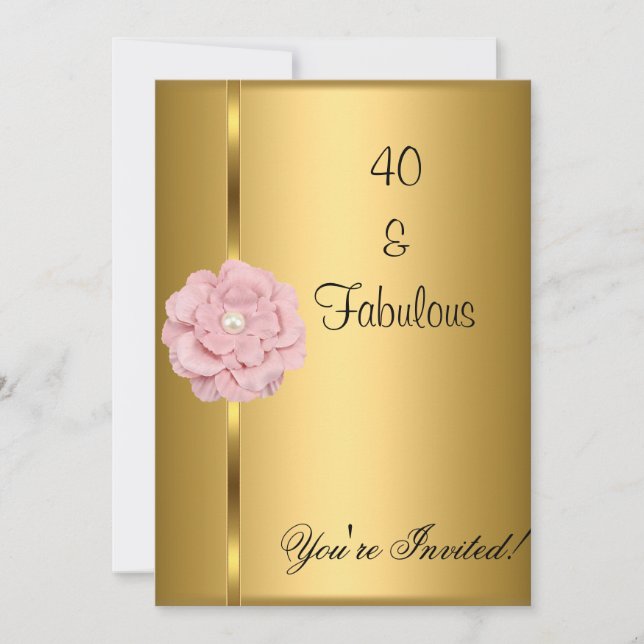 Invitación Fabuloso 40 cumpleaños Pearl Gold Flor rosa (Anverso)