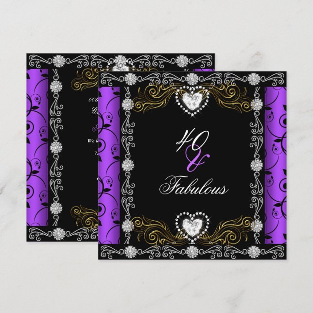 Invitación Fabuloso 40 Damask Floral Purple Black 40 Fiesta (Anverso / Reverso)