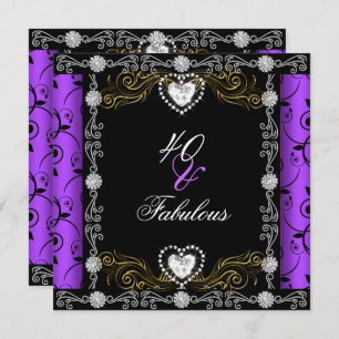 Invitación Fabuloso 40 Damask Floral Purple Black 40 Fiesta