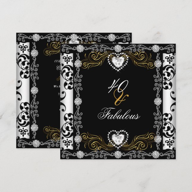 Invitación Fabuloso 40 Damask Gold Black Silver 40 (Anverso / Reverso)