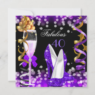 Invitación Fabuloso 40 Fiesta de Burbujas de Oro Negro Morado