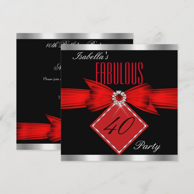 Invitación Fabuloso 40 fiesta de cumpleaños Red Black Silver (Anverso / Reverso)