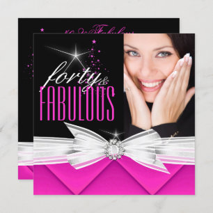Invitación Fabuloso 40 Foto Fiesta Elegante Blanco Negro Rosa