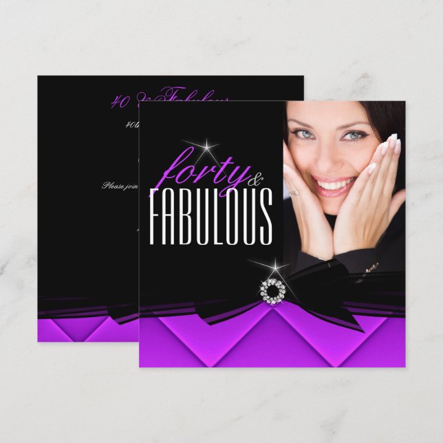 Invitación Fabuloso 40 Foto Fiesta morada de cumpleaños negro (Anverso / Reverso)