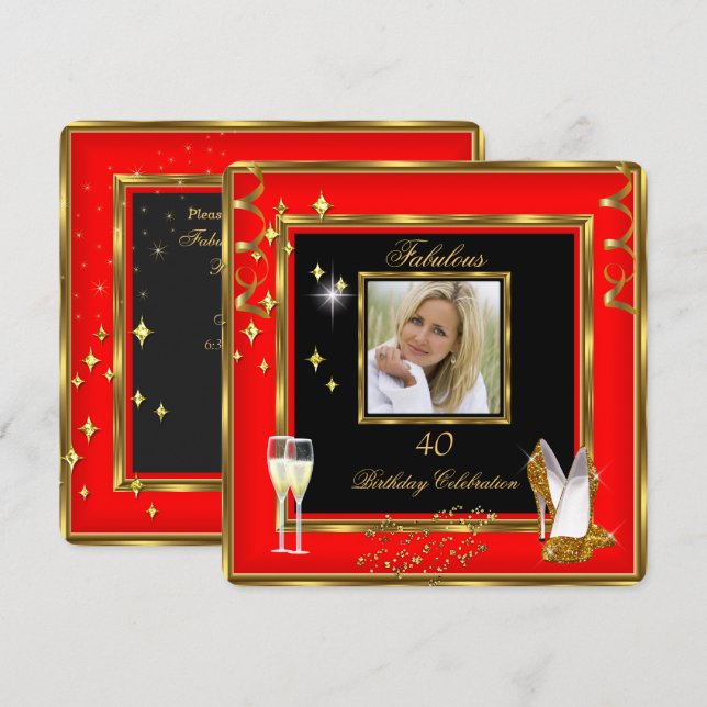 Invitación Fabuloso 40 Fotografía Red Gold Talla de Champagne (Anverso / Reverso)