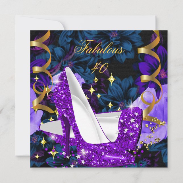 Invitación Fabuloso 40 Morple Gold High Heels Floral Cumpleañ (Anverso)