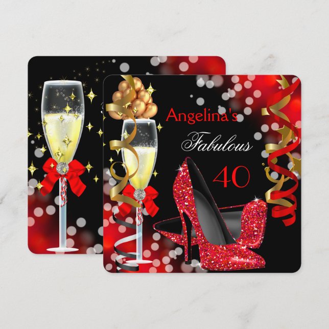 Invitación Fabuloso 40 Red Heels Gold Bubbles Fiesta de cumpl (Anverso / Reverso)