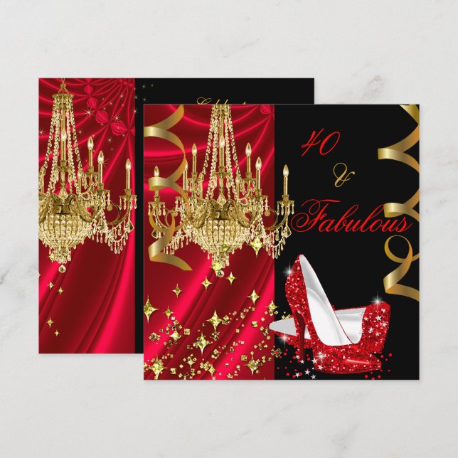 Invitación Fabuloso 40 Rojo de tacones altos Candelier Cumple (Anverso / Reverso)