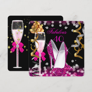 Invitación Fabuloso 40 Rosa Caliente Dorado Negro Burbujas Cu