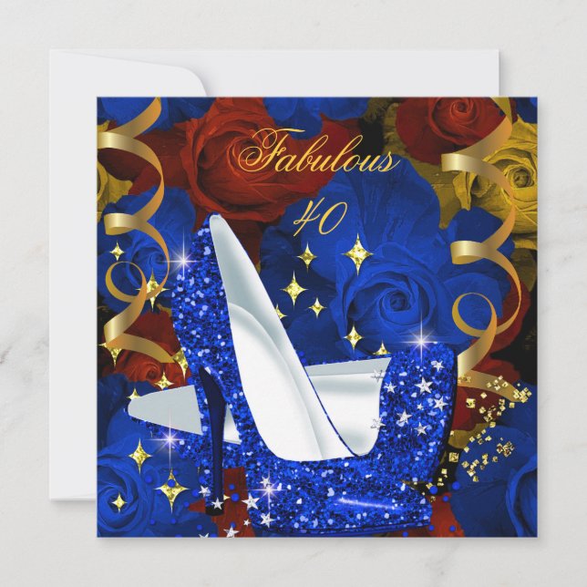Invitación Fabuloso 40 Royal Blue Gold Heels Cumpleaños Flora (Anverso)