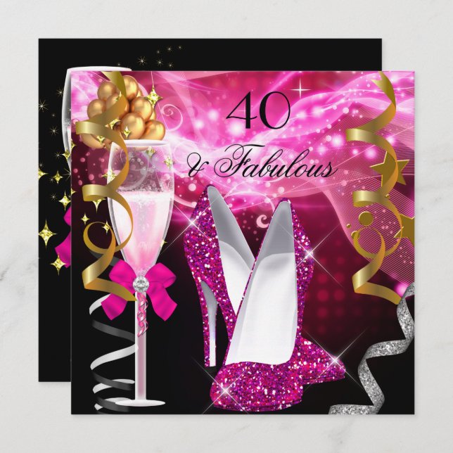 Invitación Fabuloso 40 tacones de Purpurina Hot Pink Fiesta d (Anverso / Reverso)