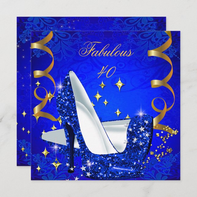 Invitación Fabuloso 40 talones de oro azules reales de mujer  (Anverso / Reverso)