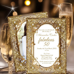 Invitación Fabuloso 50.ª foto beige Pearl dorada cumpleaños