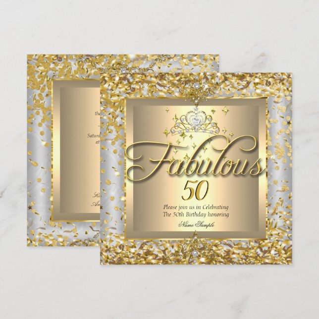 Invitación Fabuloso 50.ª Princesa Fiesta Gris Plata Oro (Anverso / Reverso)