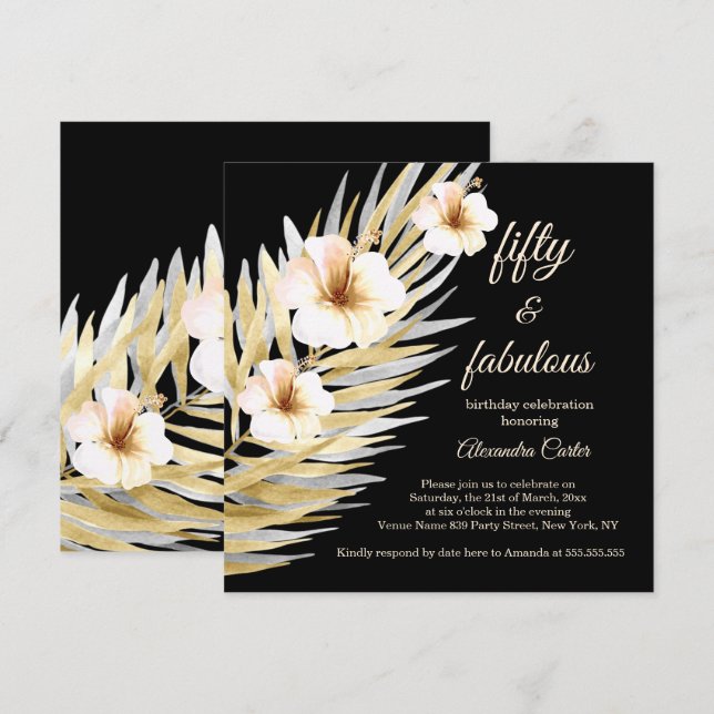 Invitación Fabuloso 50.º Aniversario de la Floral Blanca Beig (Anverso / Reverso)